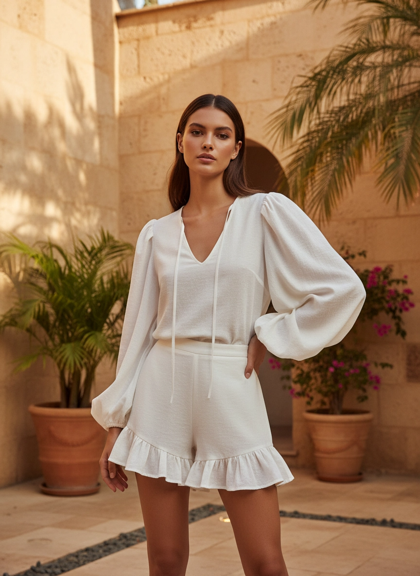 Ensemble Azur - Blouse Manches Bouffantes & Short Volants